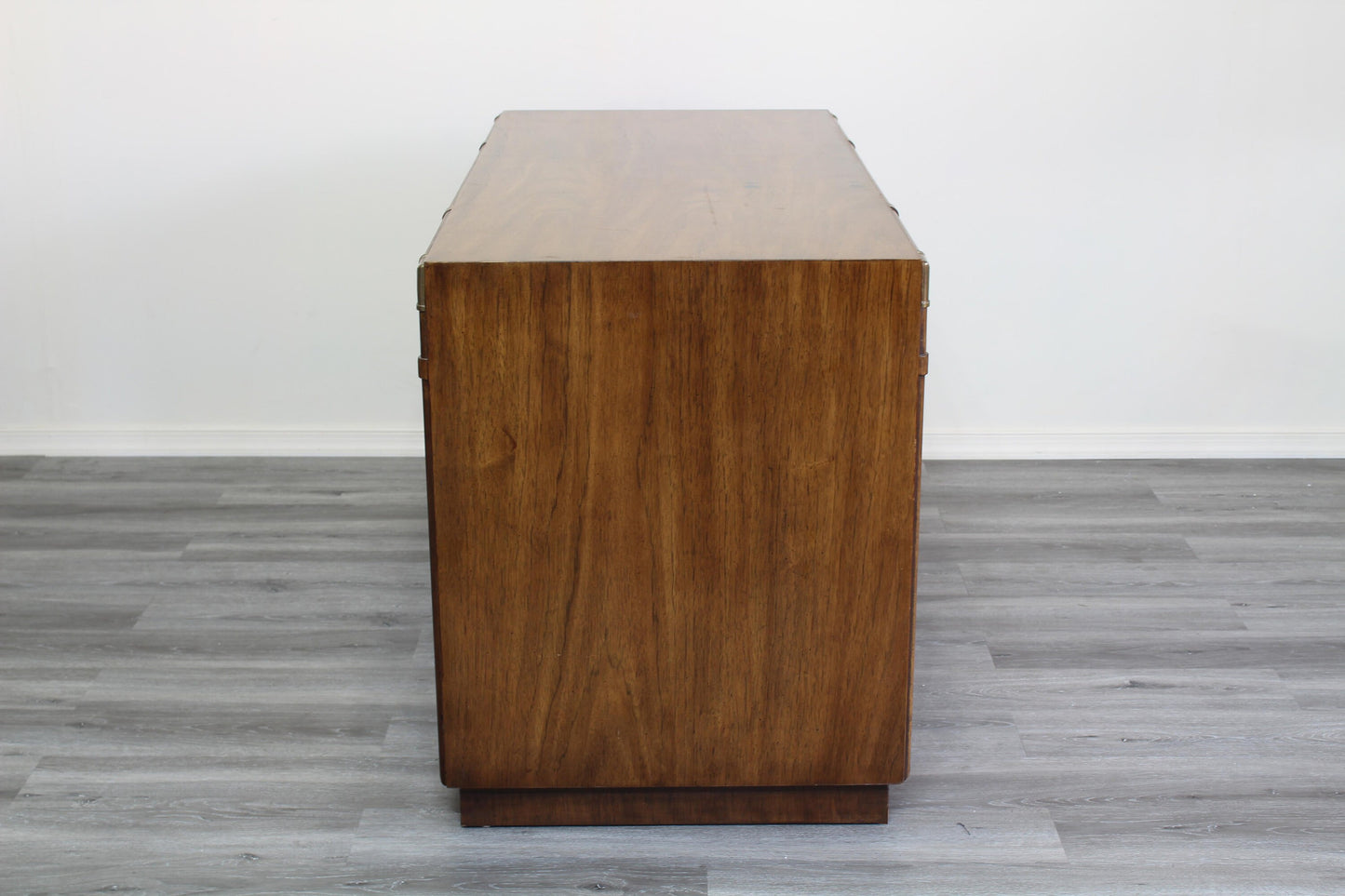 Mid Century Walnut Campaign Style Desk With Metal Hardware