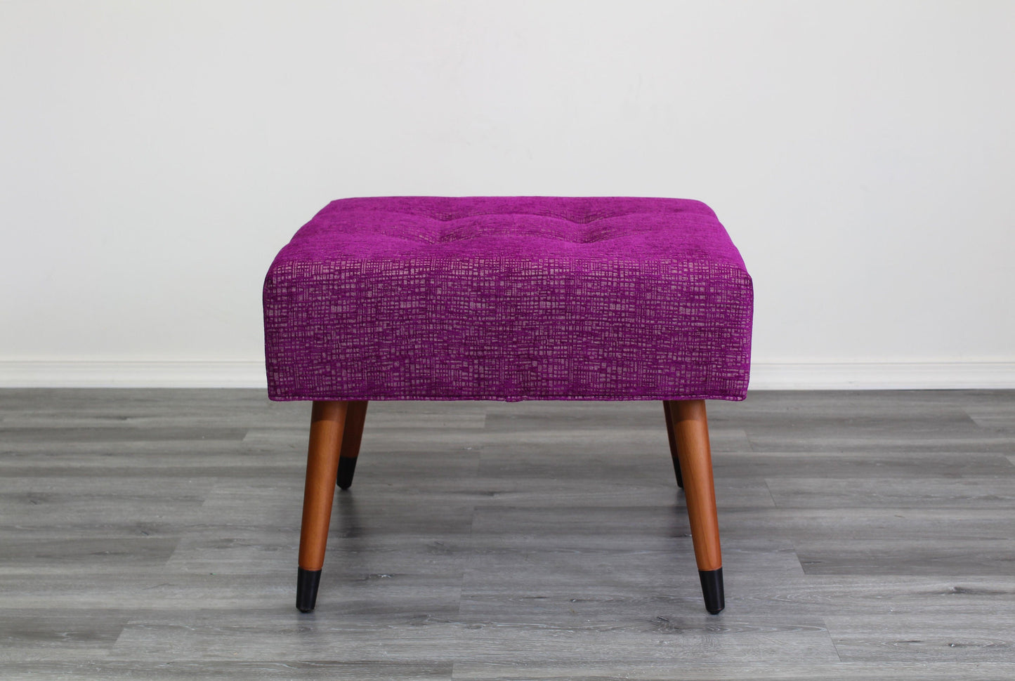 Mid Century Style Fuchsia Chenille Ottoman With Walnut Legs