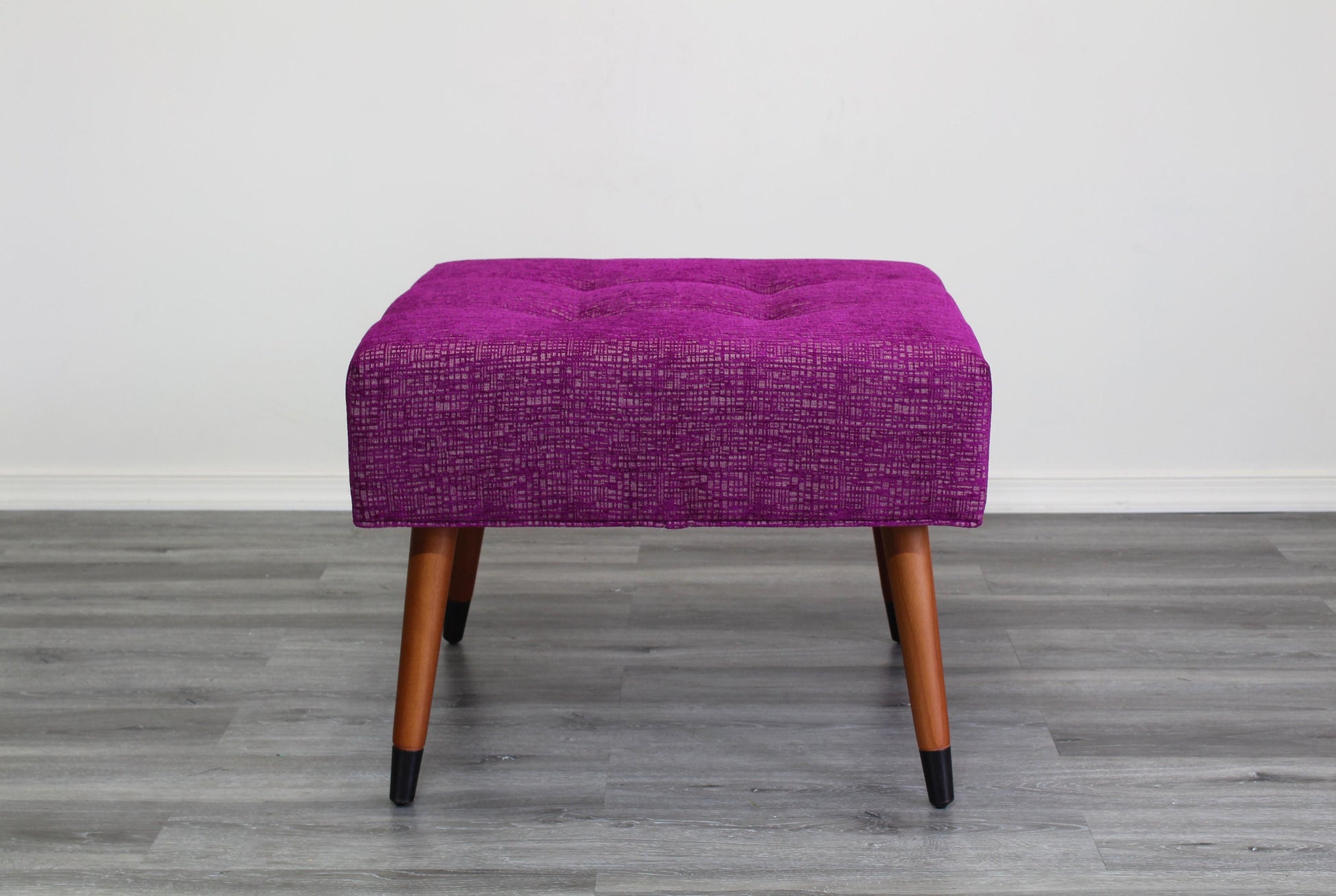 Mid Century Style Fuchsia Chenille Ottoman With Walnut Legs