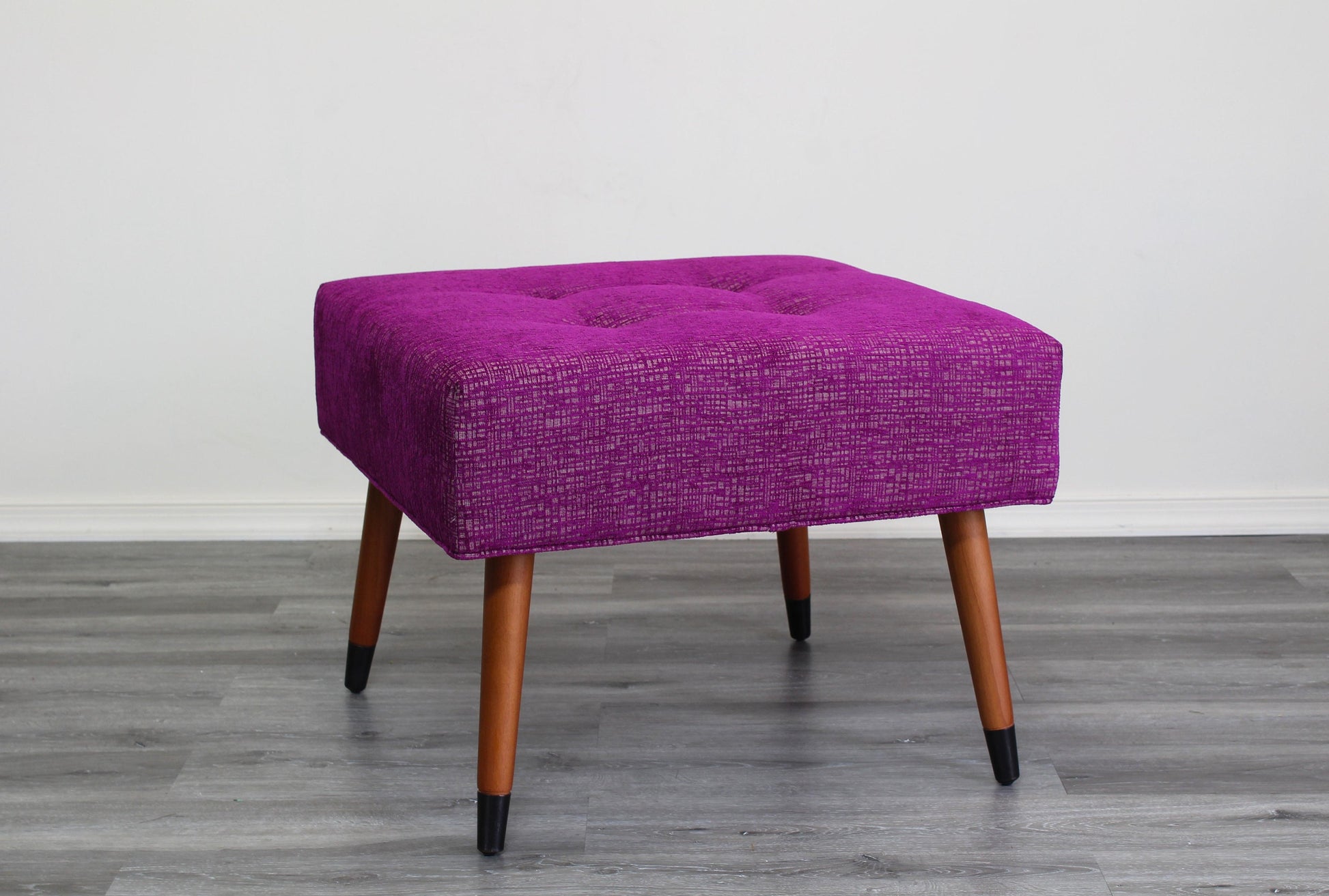 Mid Century Style Fuchsia Chenille Ottoman With Walnut Legs