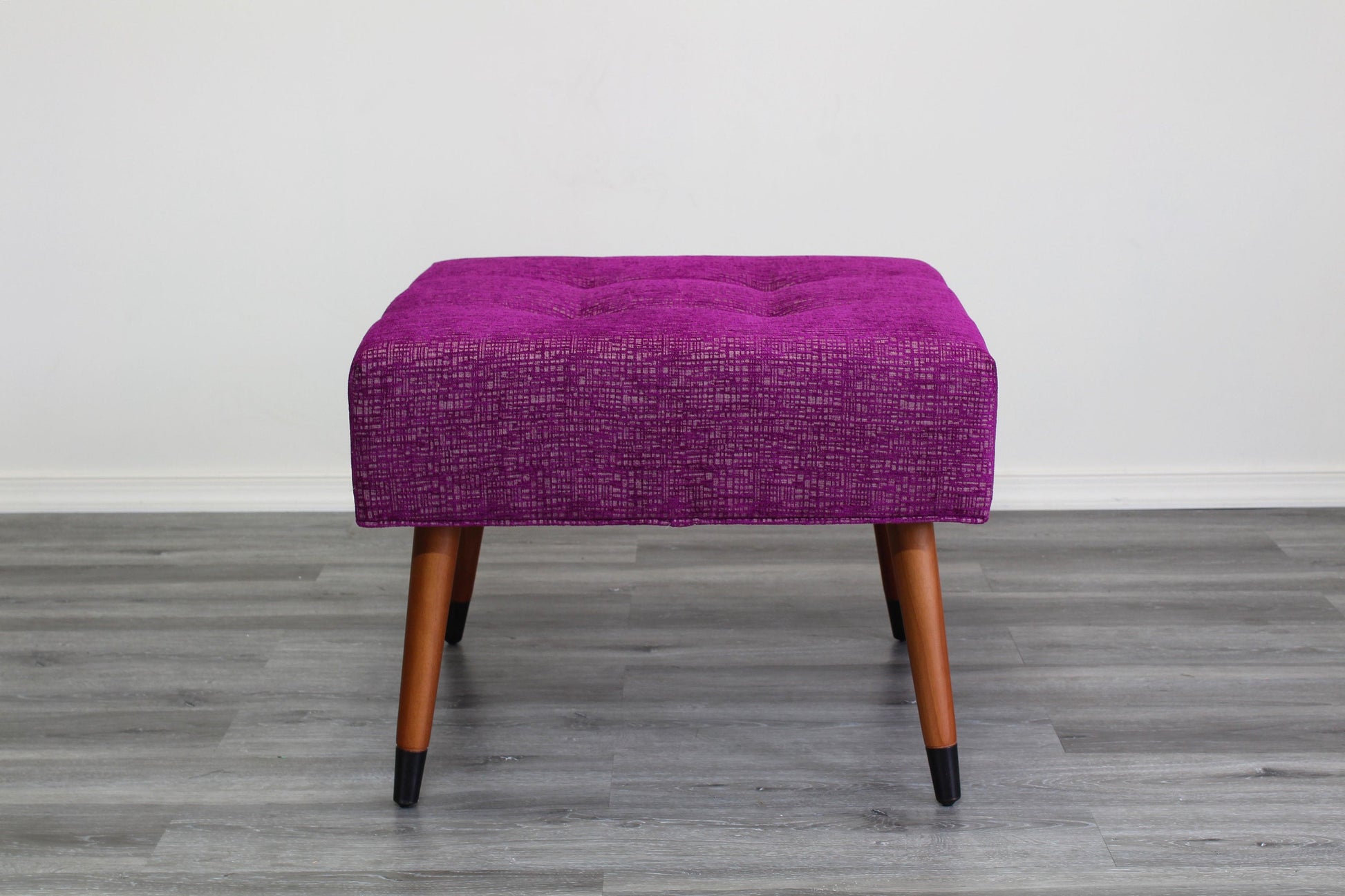 Mid Century Style Fuchsia Chenille Ottoman With Walnut Legs