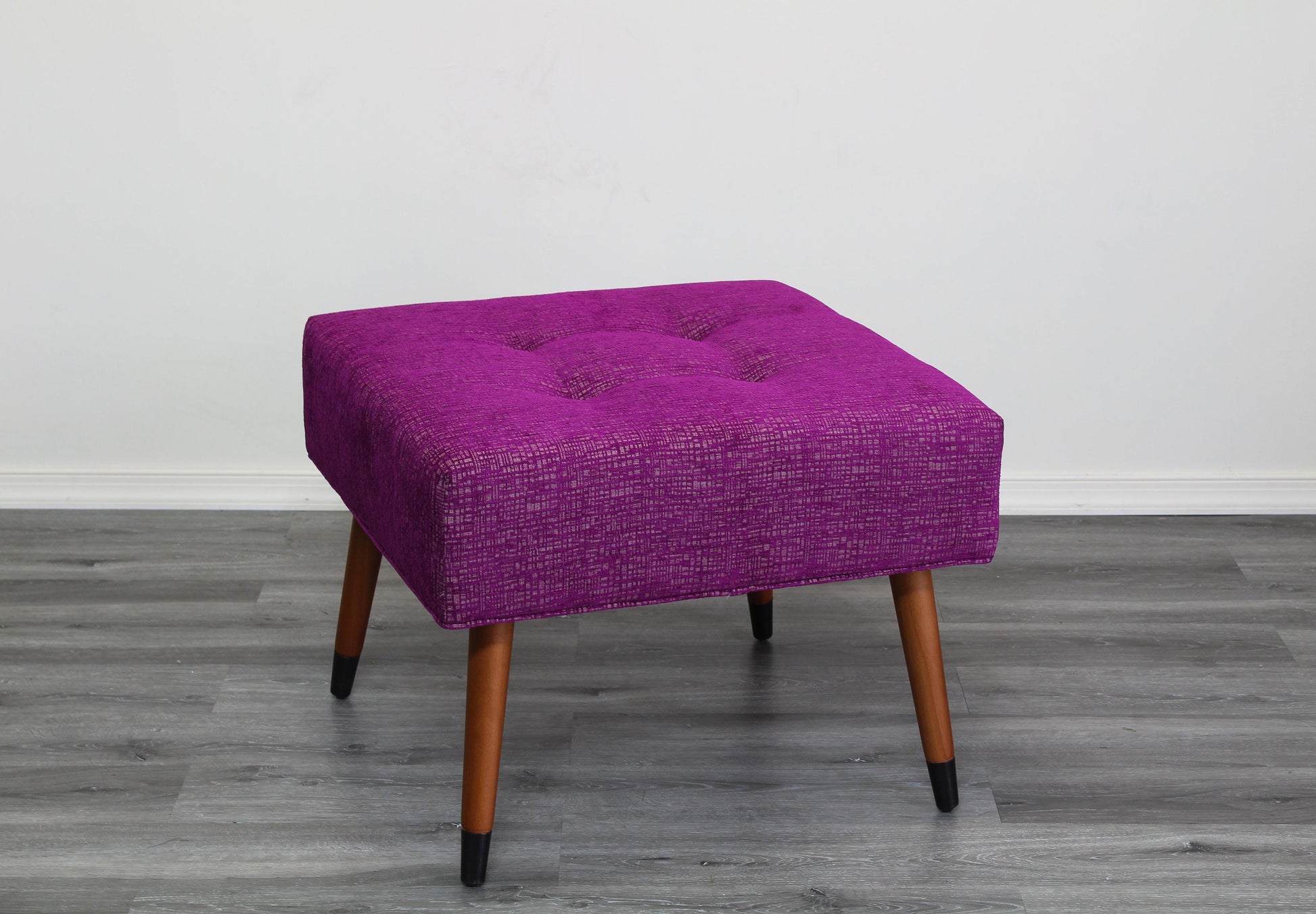 Mid Century Style Fuchsia Chenille Ottoman With Walnut Legs