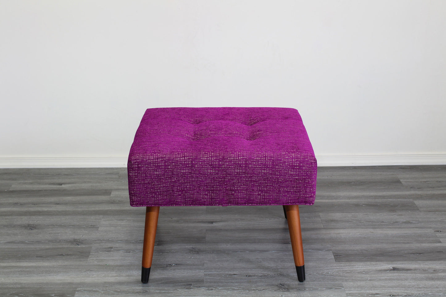 Mid Century Style Fuchsia Chenille Ottoman With Walnut Legs