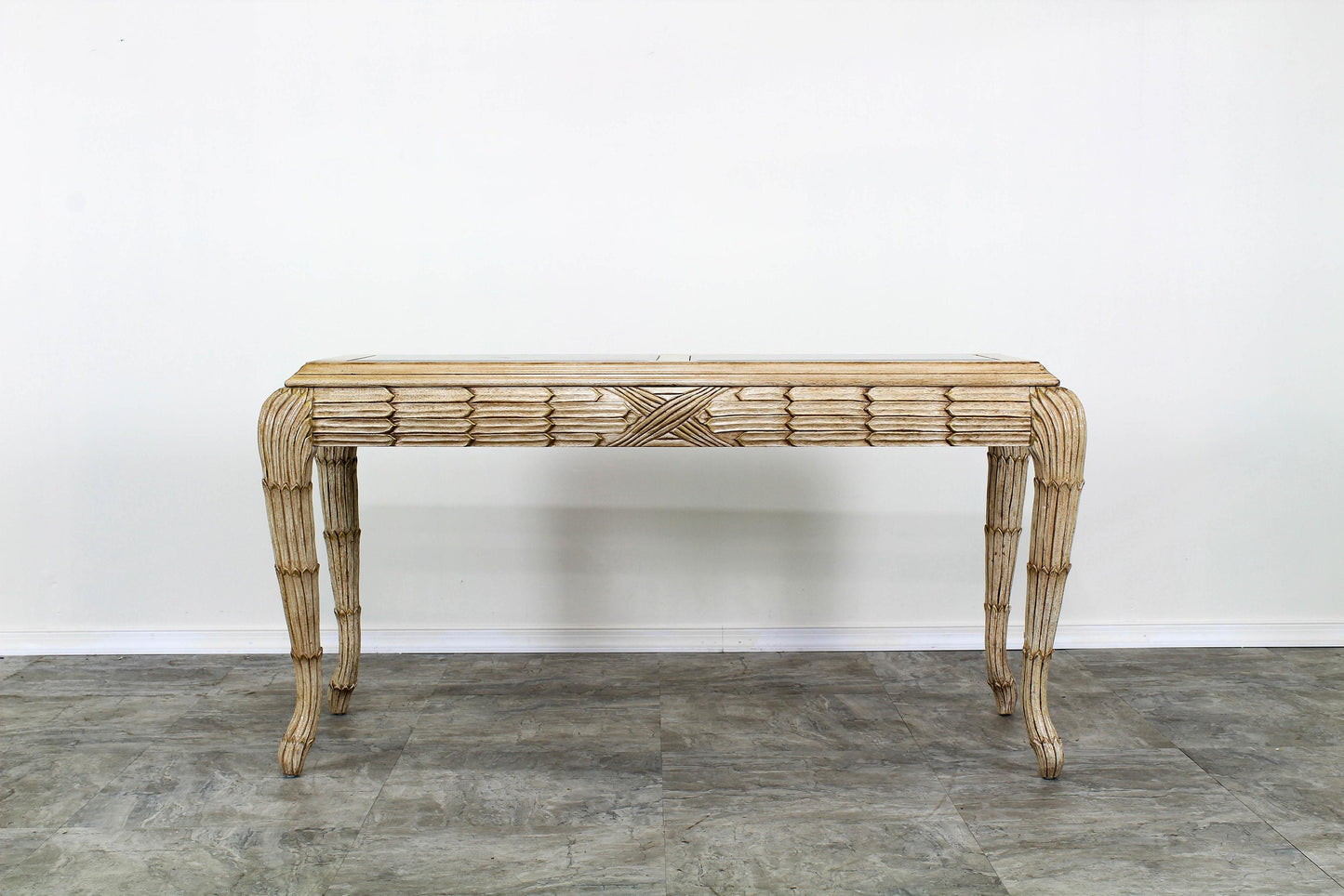 Mid Century Carved Carved Wood Feather Console Table With Glass Top