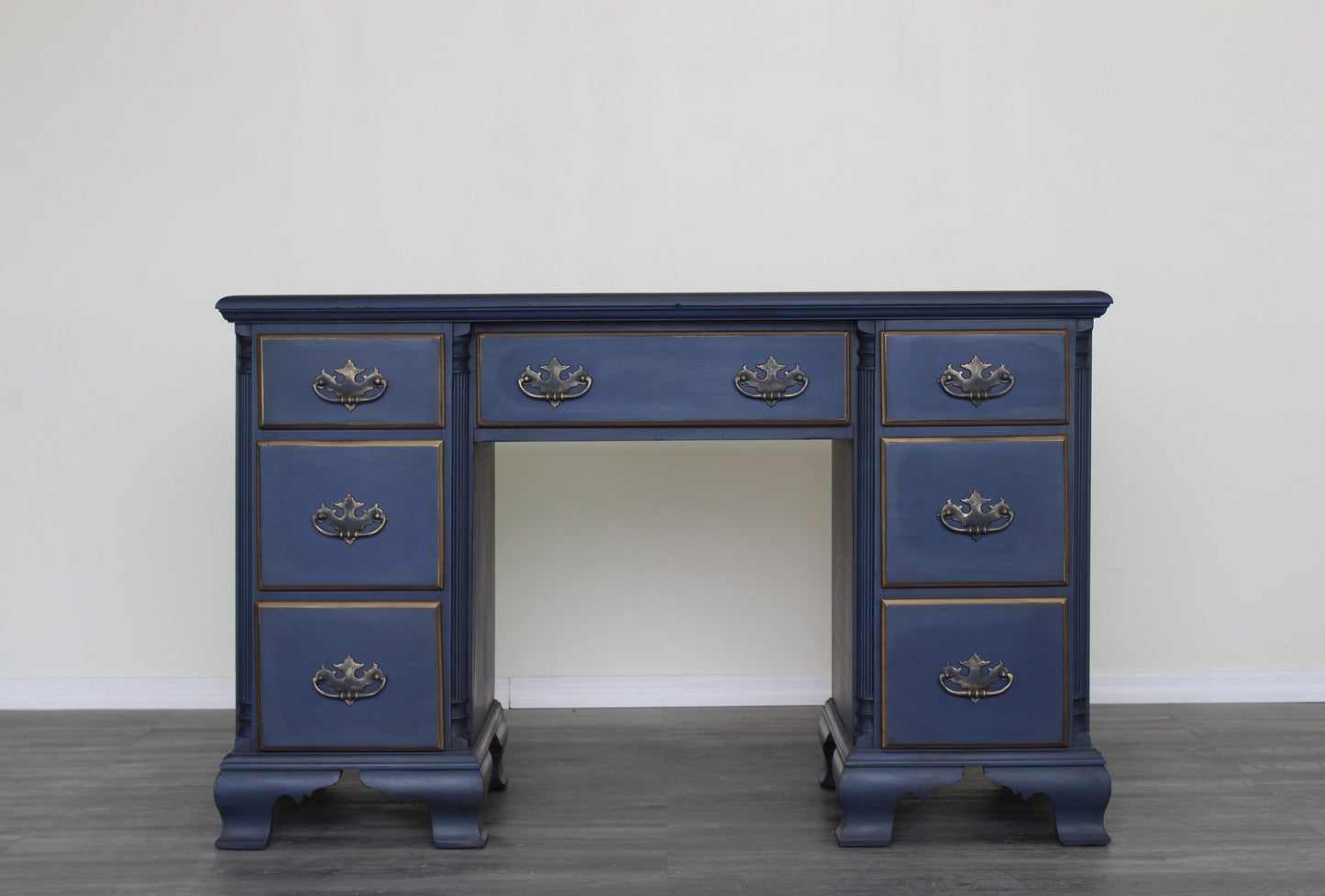 Vintage Georgian Style Blue Desk of Seven Drawers