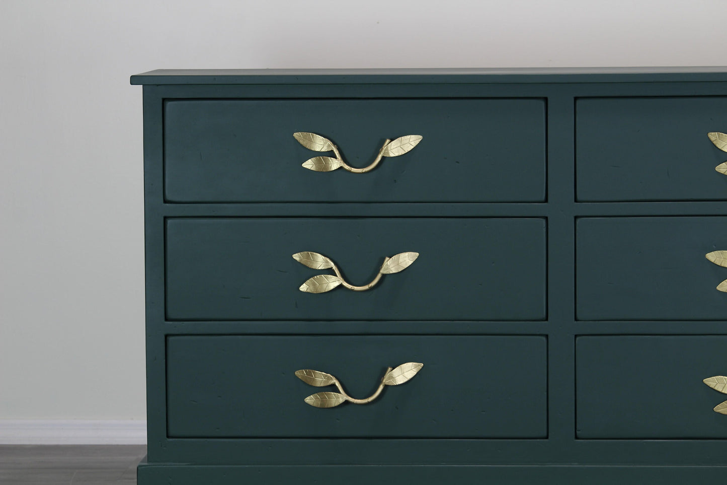 Mid Century Dark Green Dresser With Gold Painted Metal Hardware