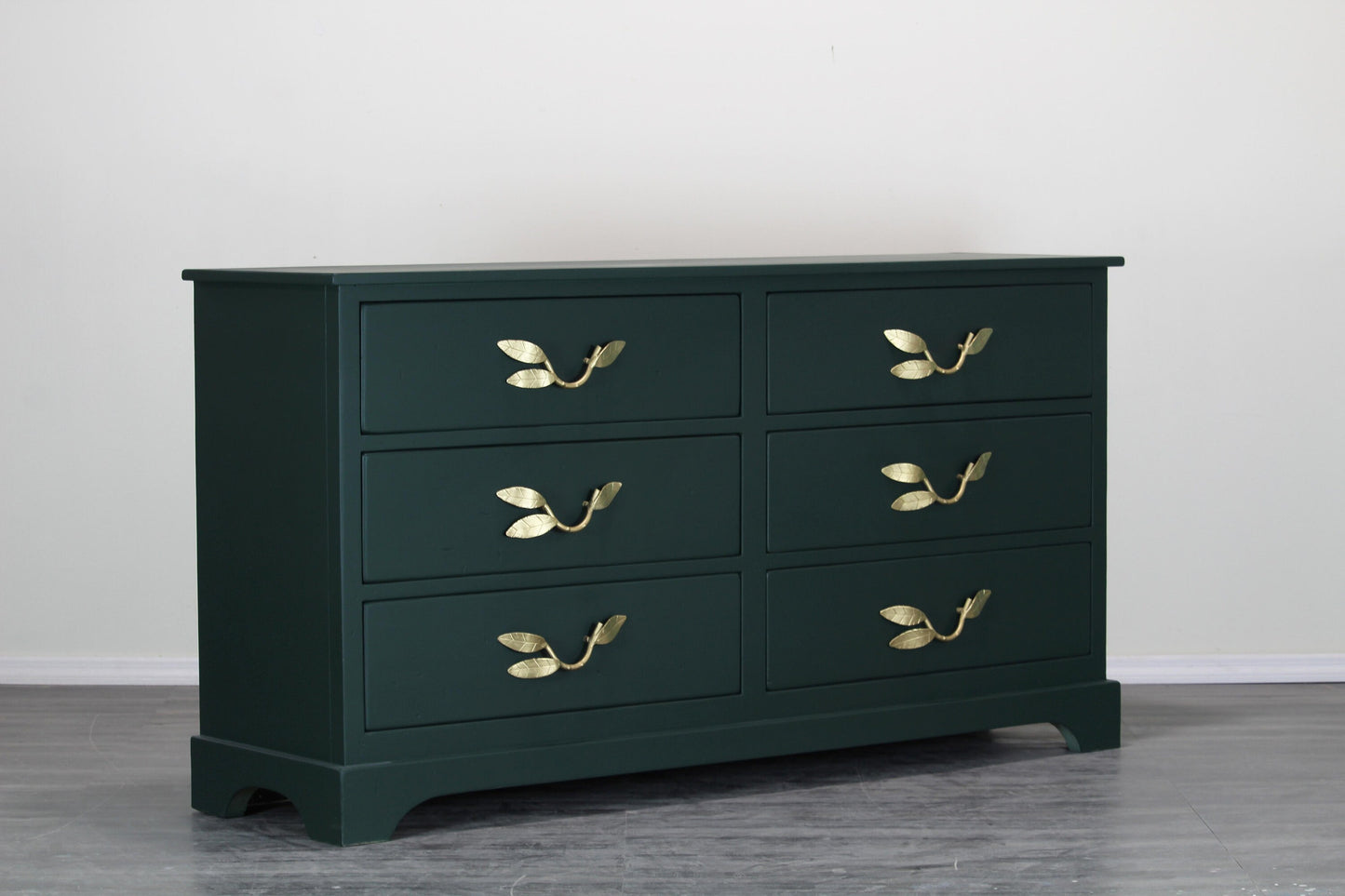 Mid Century Dark Green Dresser With Gold Painted Metal Hardware