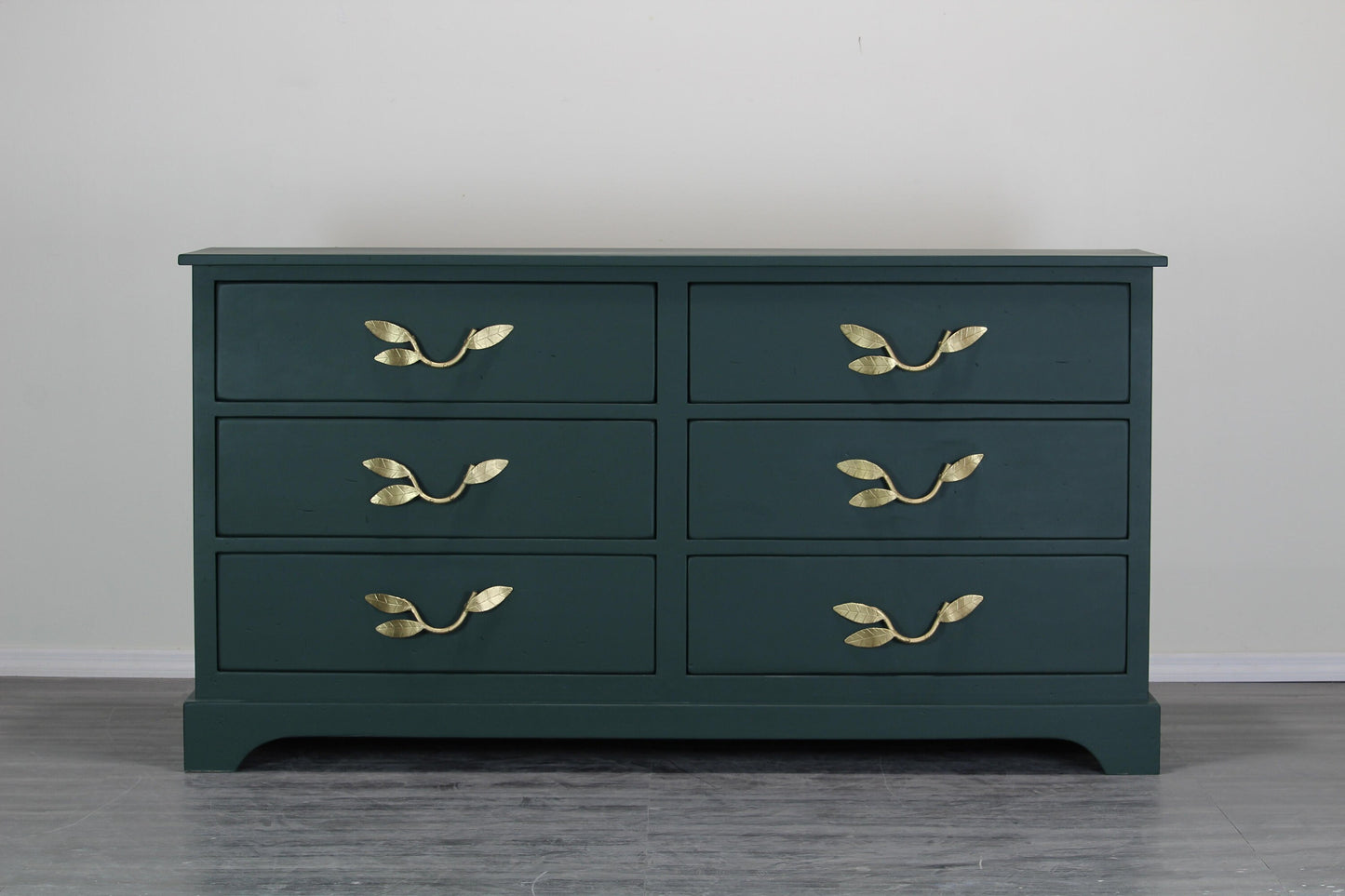 Mid Century Dark Green Dresser With Gold Painted Metal Hardware