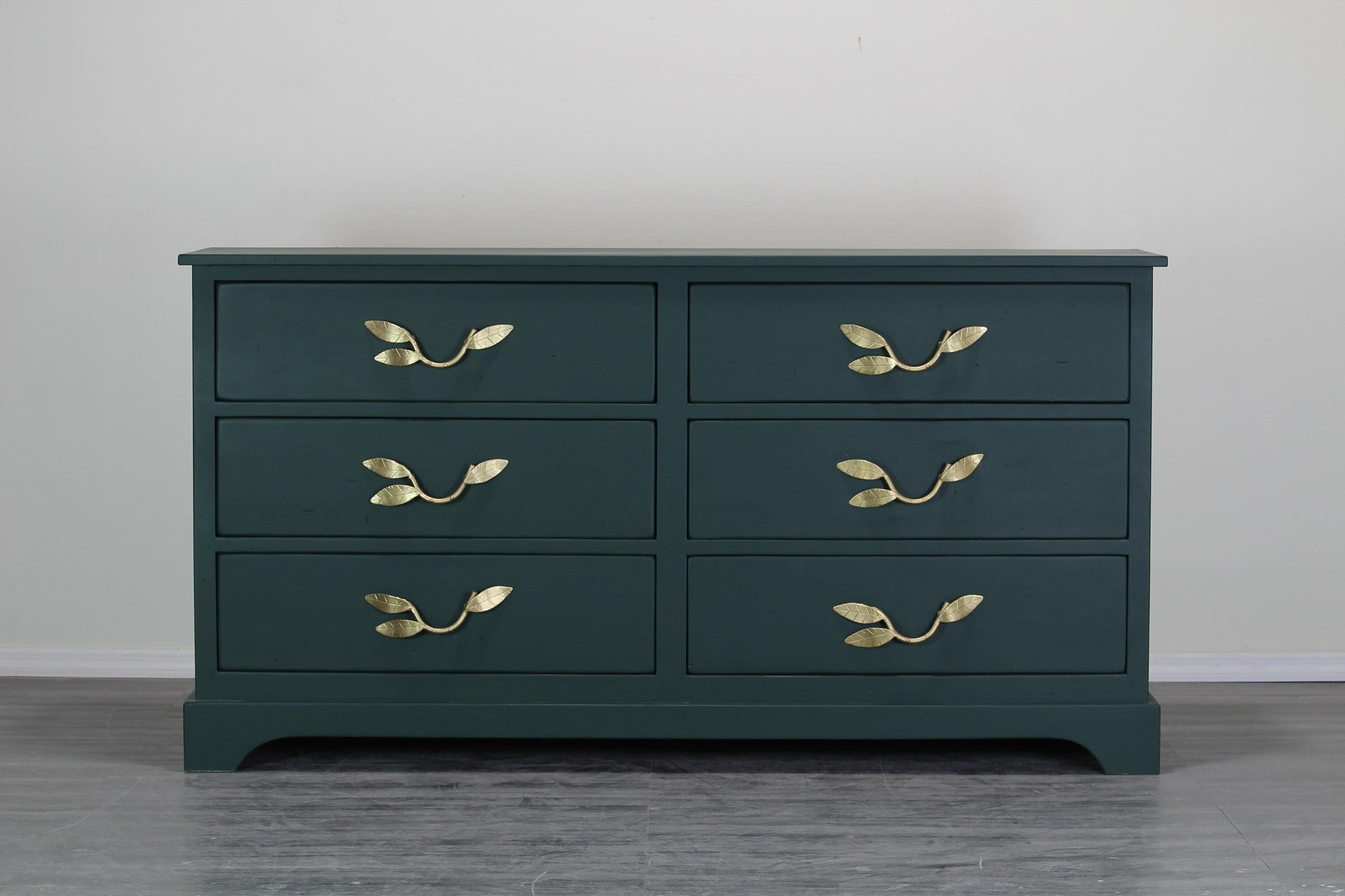 Mid Century Dark Green Dresser With Gold Painted Metal Hardware