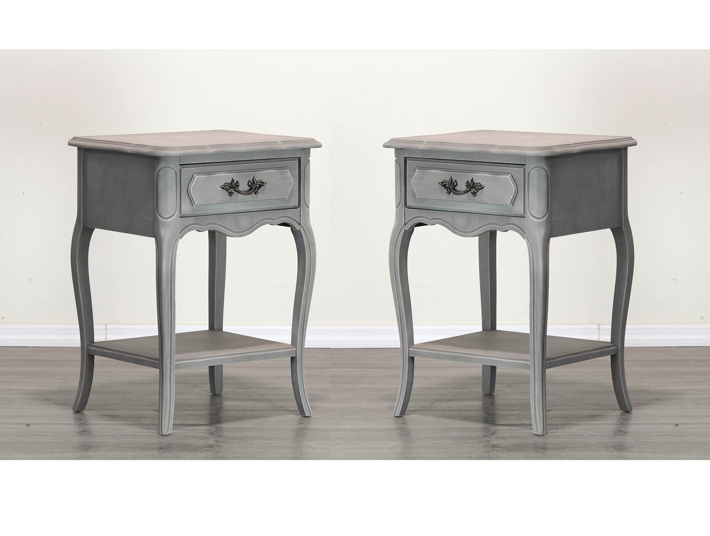 Pair of vintage French style side tables with single drawer.  These tables are newly painted in greige taupe with dry-brushed finish.  Dimensions; 16"Width x 14"Depth x 26"Height. 