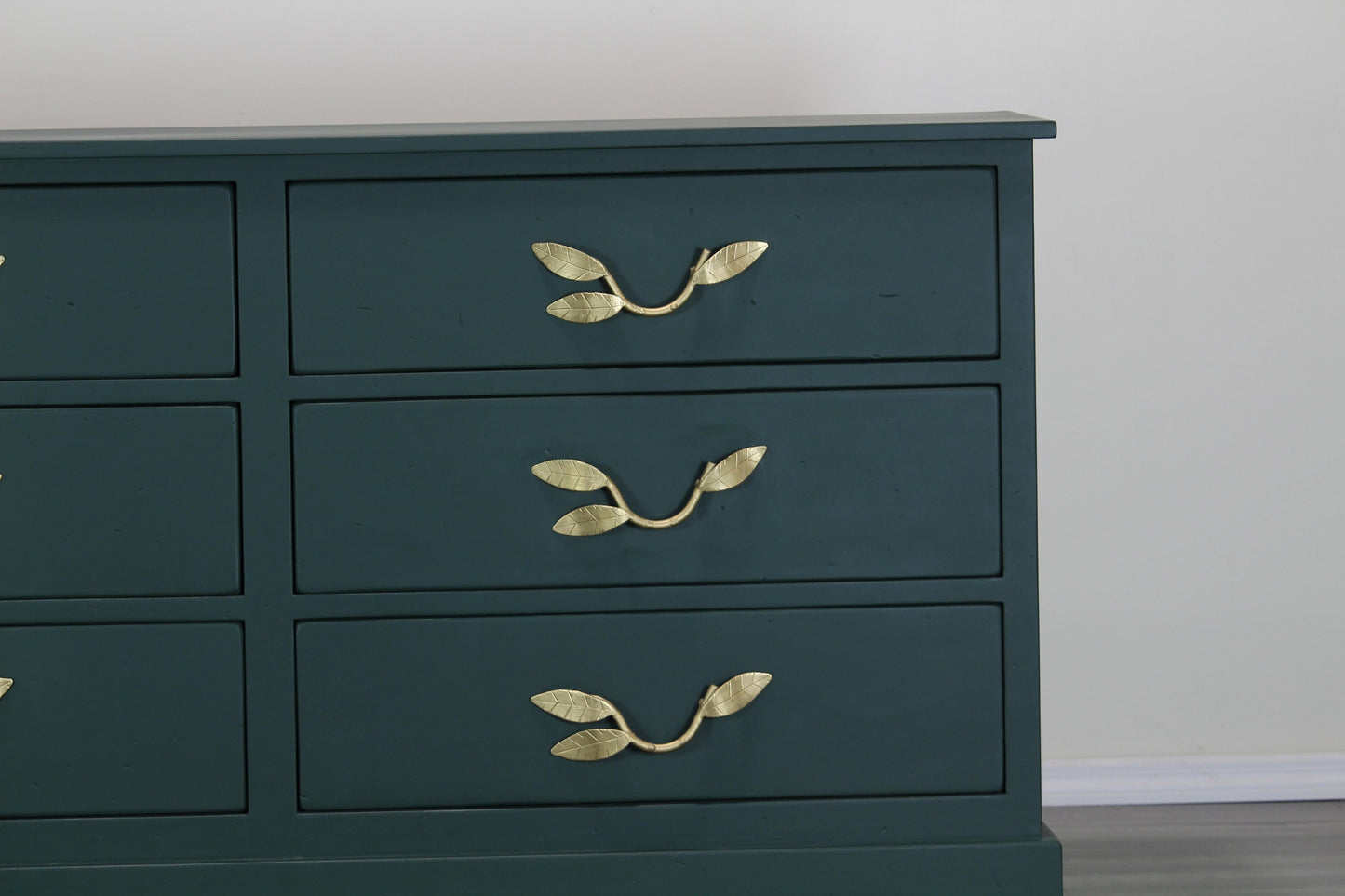 Mid Century Dark Green Dresser With Gold Painted Metal Hardware