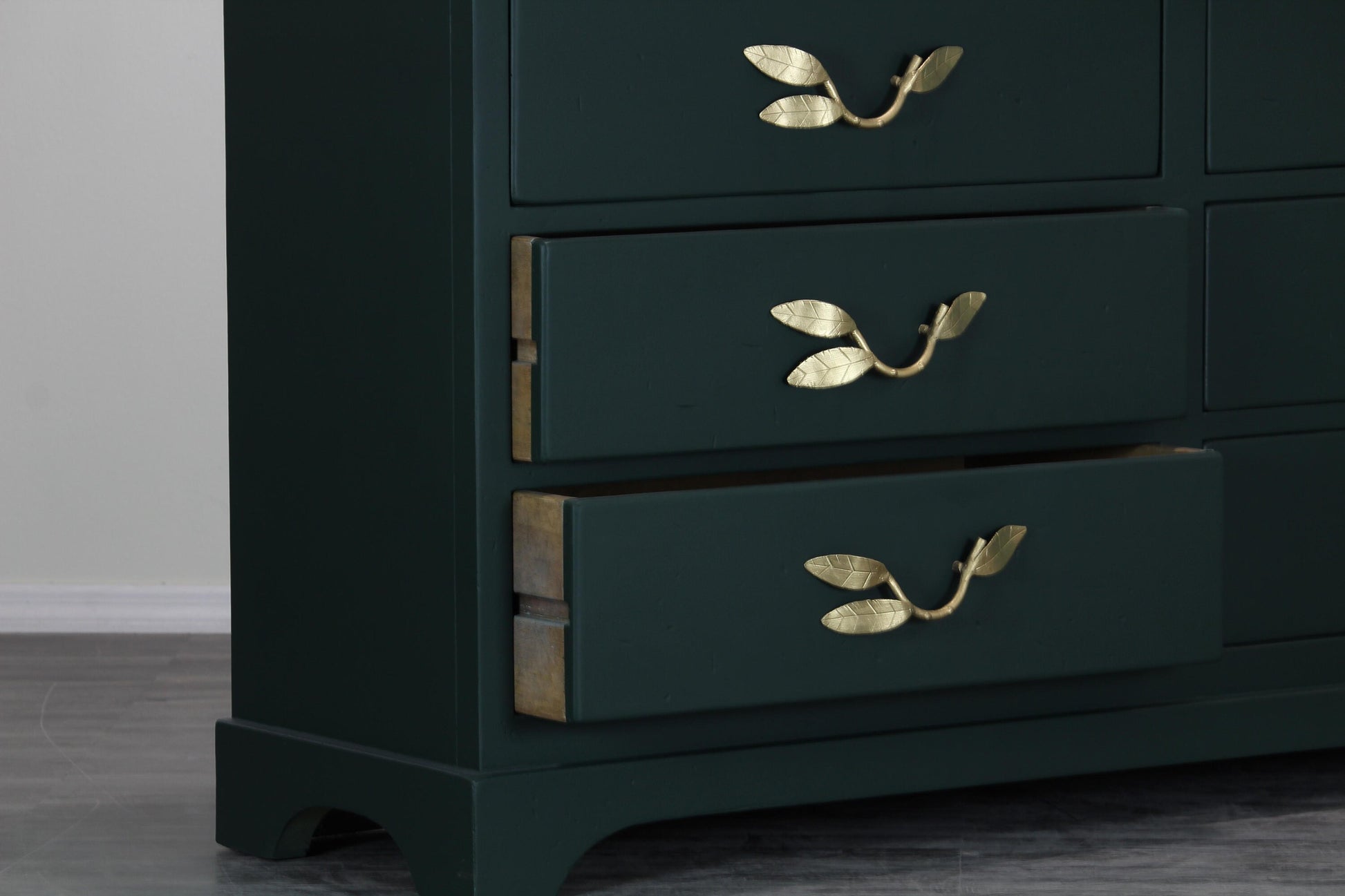 Mid Century Dark Green Dresser With Gold Painted Metal Hardware