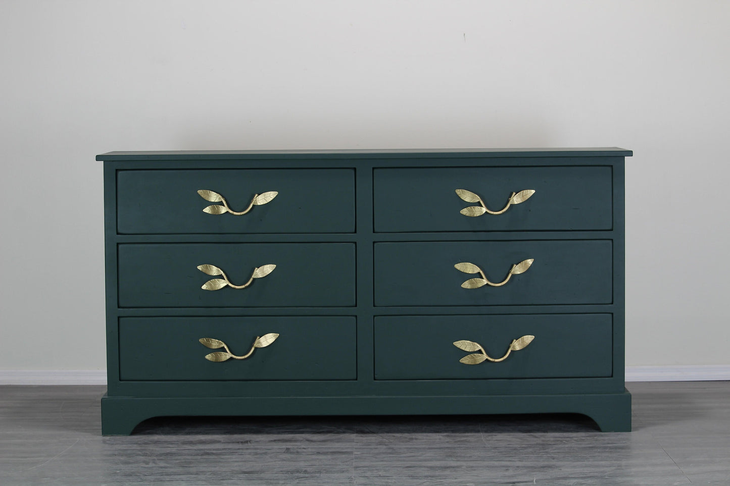 Mid Century Dark Green Dresser With Gold Painted Metal Hardware