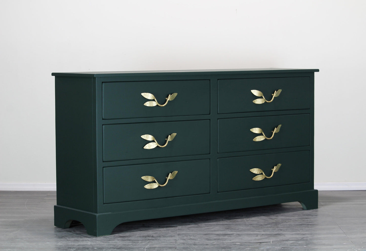 Mid Century Dark Green Dresser With Gold Painted Metal Hardware