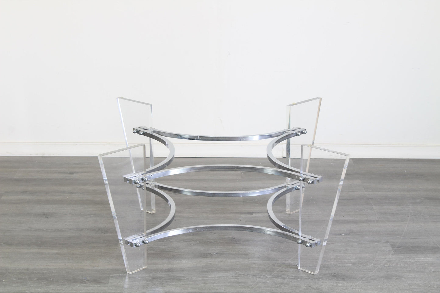 Vintage Lucite and chrome coffee table with glass top.  This table is in great vintage condition.  Dimensions; 42" Width x 42" Height x 17" Height. 