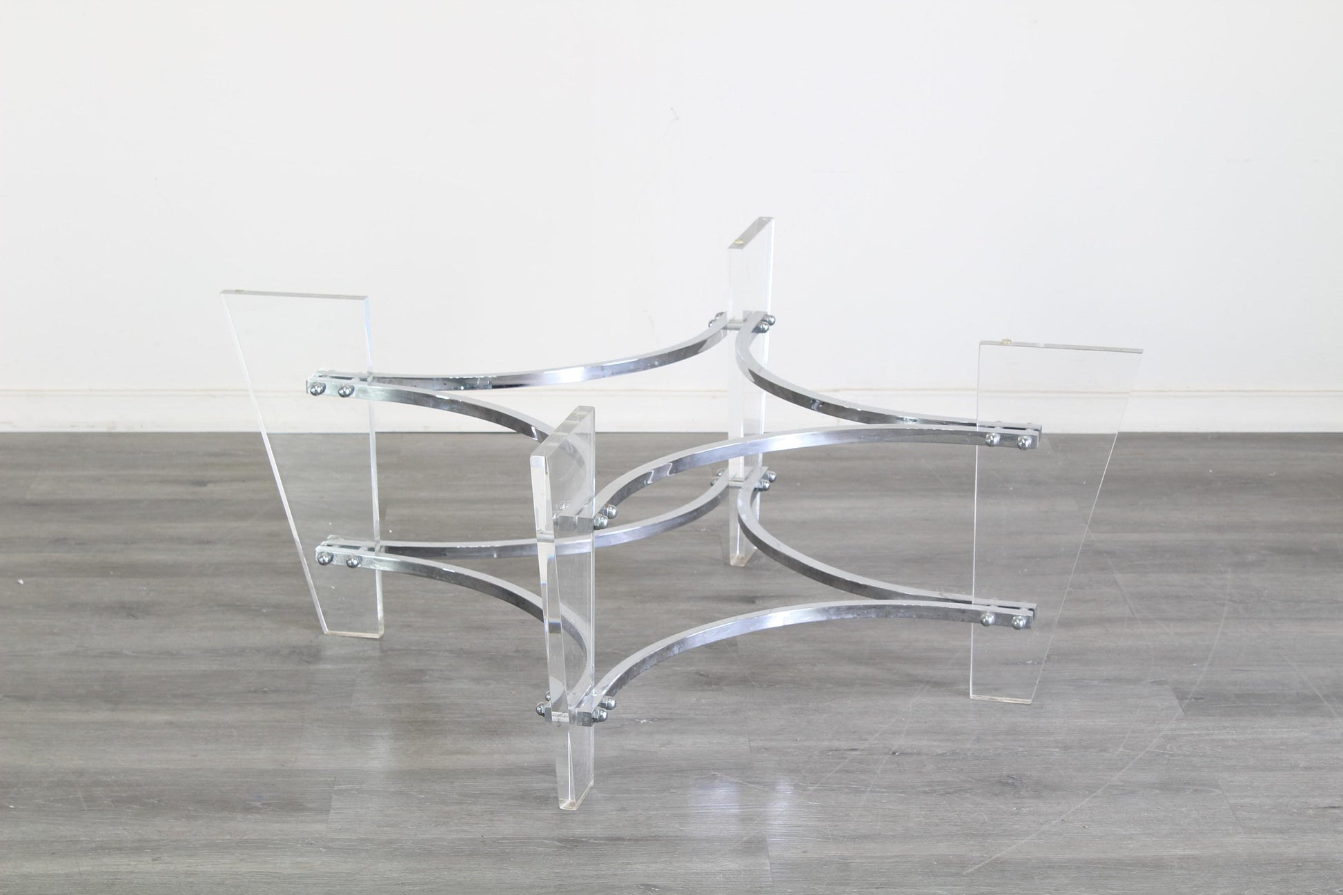 Vintage Lucite and chrome coffee table with glass top.  This table is in great vintage condition.  Dimensions; 42" Width x 42" Height x 17" Height. 