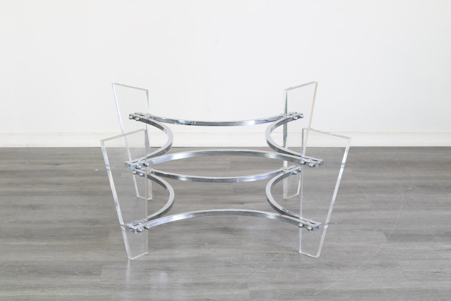 Vintage Lucite and chrome coffee table with glass top.  This table is in great vintage condition.  Dimensions; 42" Width x 42" Height x 17" Height. 