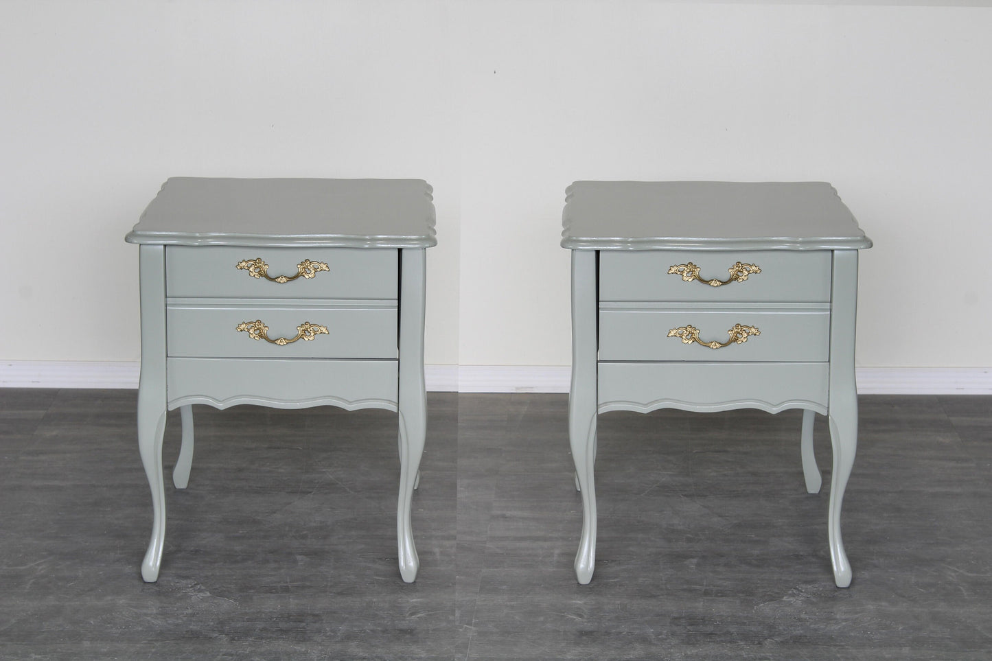 Vintage French style caledon green nightstands of one drawer.  These nightstands are professionally refinished in caledon green with a satin top coat.  Dimensions: 19"Width x 24"Depth x 23"Height. 