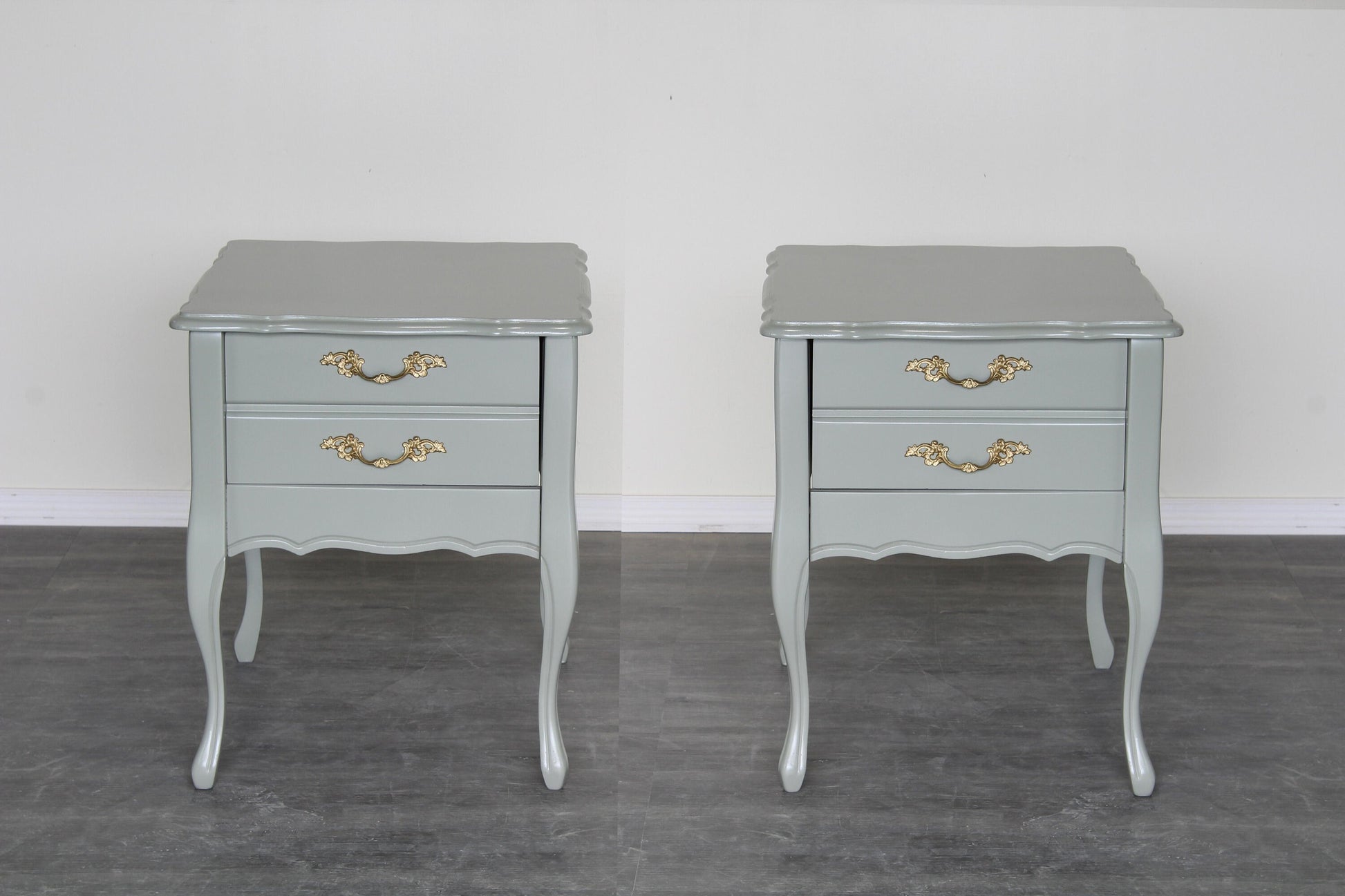 Vintage French style caledon green nightstands of one drawer.  These nightstands are professionally refinished in caledon green with a satin top coat.  Dimensions: 19"Width x 24"Depth x 23"Height. 