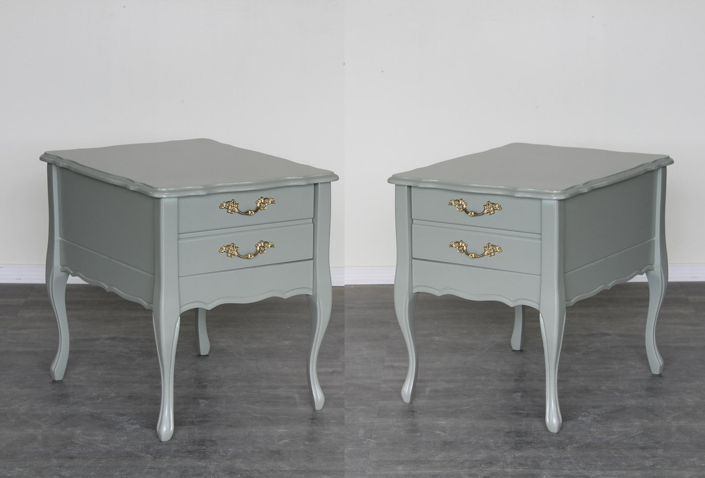 Vintage French style caledon green nightstands of one drawer.  These nightstands are professionally refinished in caledon green with a satin top coat.  Dimensions: 19"Width x 24"Depth x 23"Height. 